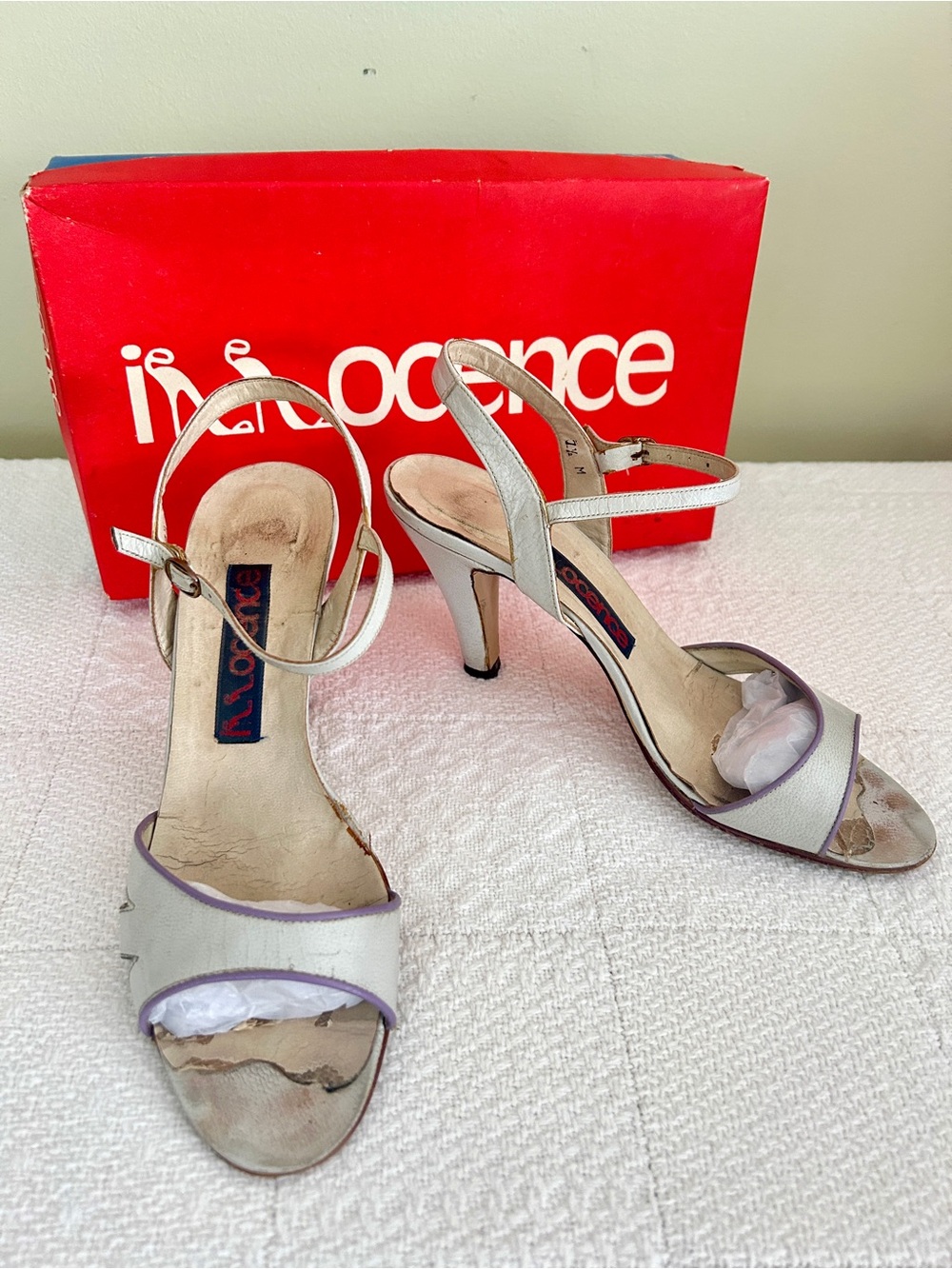 Vintage 1980s Innocence Silver Lilac Ankle Strap Heels Sandals 7.5M Made Hungary